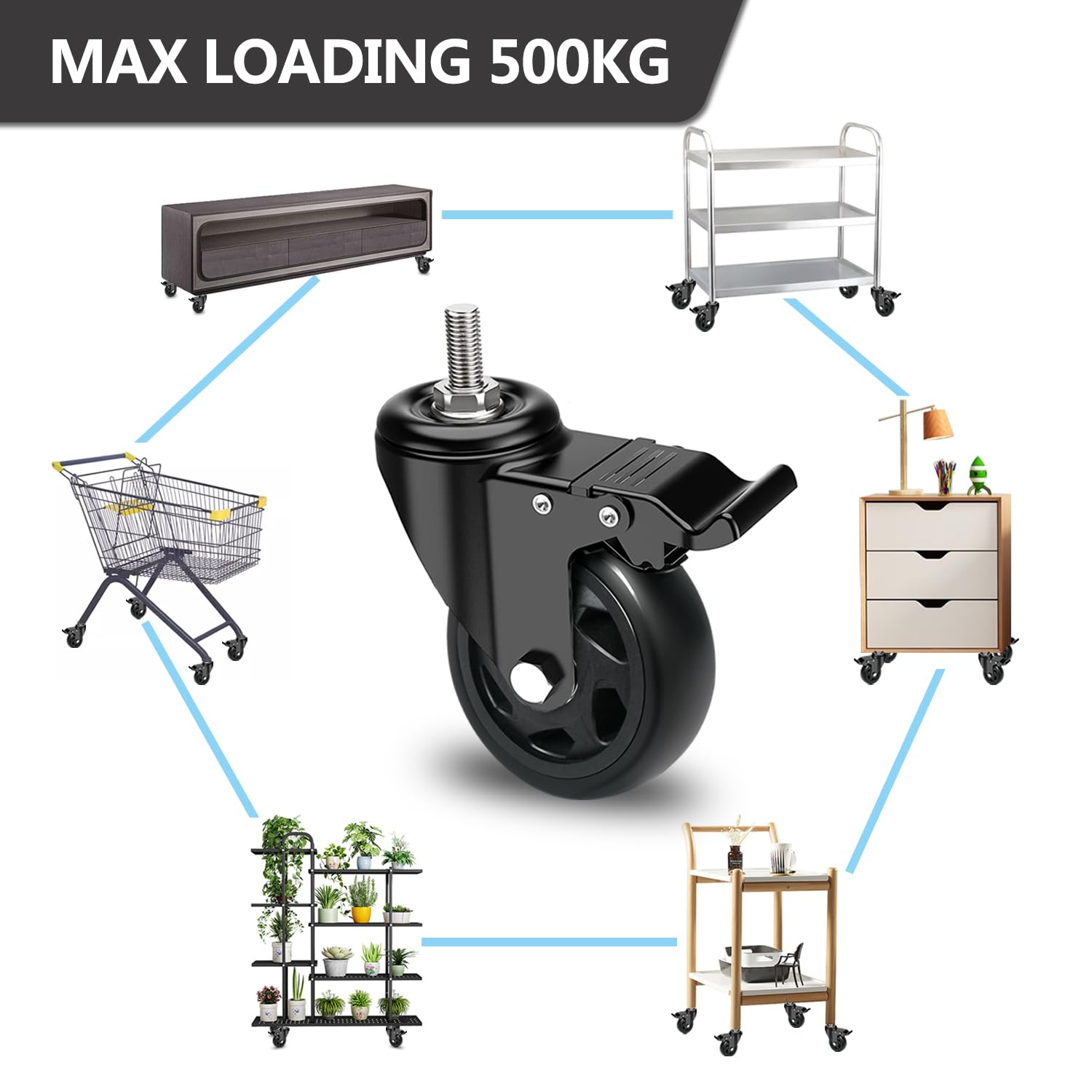 100MM per carichi pesanti ruote per mobili con Freno, set da 4 ruote per carrelli con M12x1.75x30mm Vite Perno, Bino Cuscinetto Perno Ruota Girevole Ruote per Mobili, PU Carrello Ruote su a 500kg