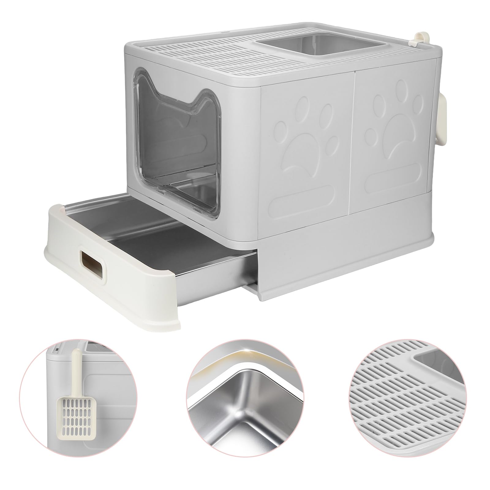 Caja para gatos con bandeja y pala extraíbles de acero inoxidable, bandeja de arena para gatos plegable para entrada delantera y salida superior para grandes y pequeños, 49 x 35 x 37 cm