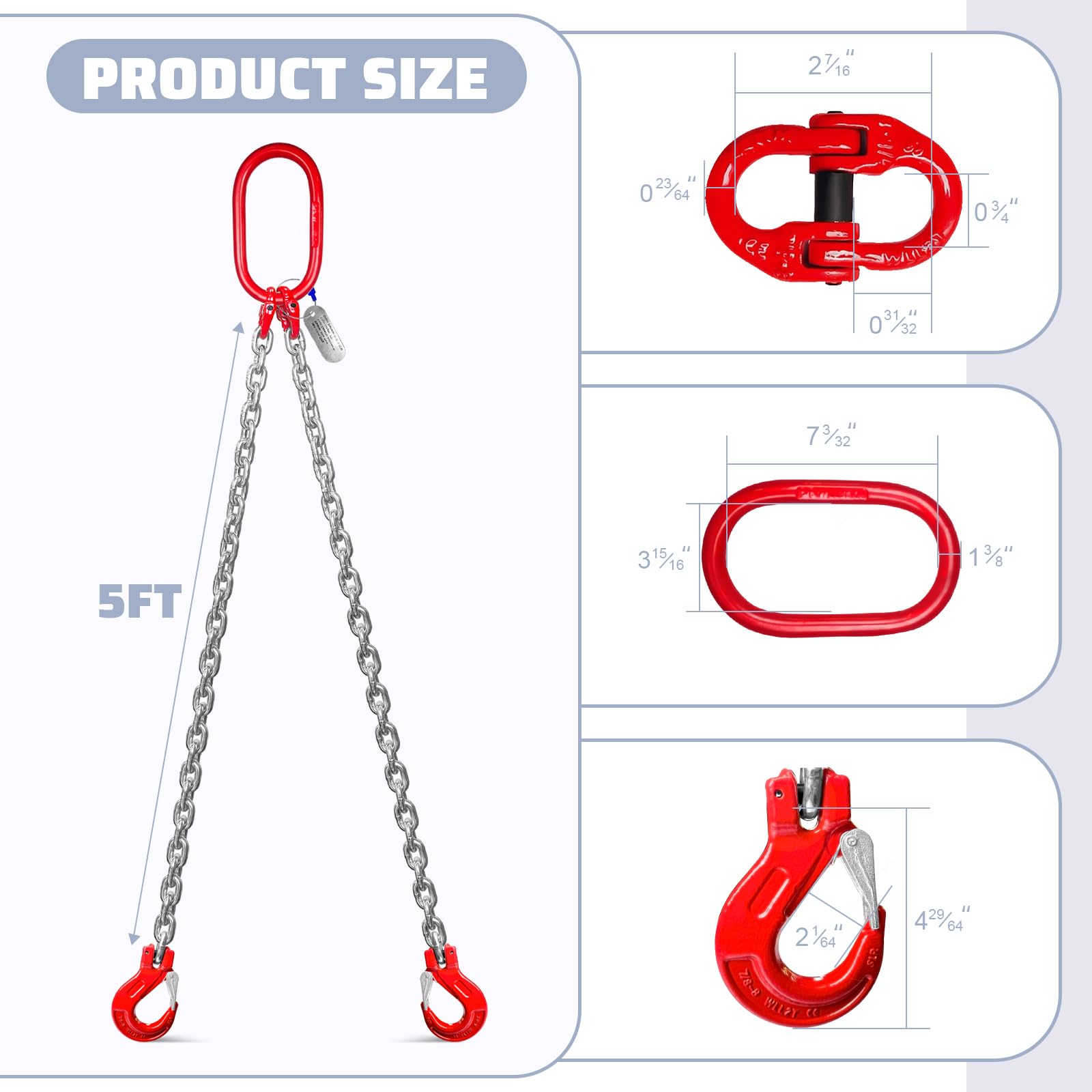 Catena a catena da 1,5 cm x 1,5 m, con ganci di sicurezza a doppia gamba, capacità di 3 tonnellate, in lega di acciaio G80, catena di sollevamento del motore per sicurezza del carico e