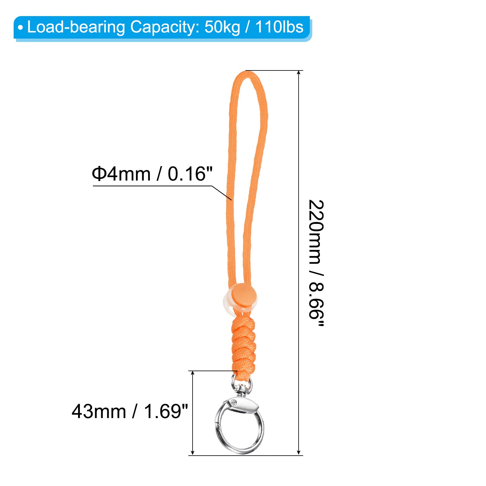 PATIKIL Paracord Lanyard with Clasp 9 Inch, 3 Pack Wrist Keychain Cord Metal Hook Strap for Keys Whistle ID Card Badge Holder Orange - Image 2