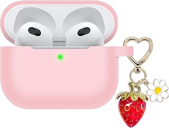 for Airpods 3rd Generation Case Cover with Cute Strawberry Charm Keychain, Soft Silicone Protective Case Daisy Gen 3 for Apple Airpods 3 Charging Case 2021 for Women Men Pink