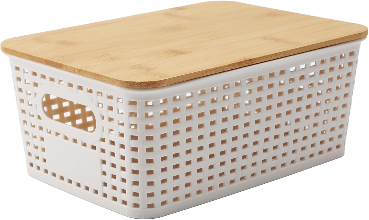 LASIEYO 6 Pack Bamboo Lid Storage Bins - Decorative Organizer Baskets for Pantry