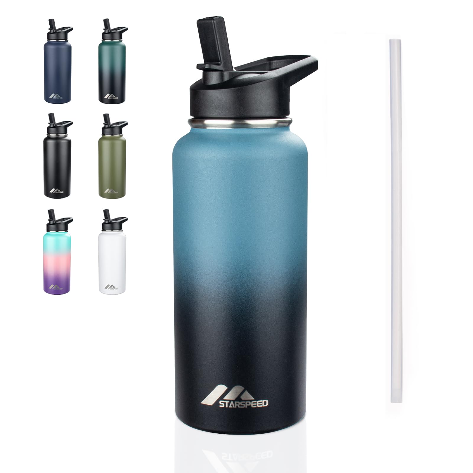 StarSpeed Botella de agua aislada de 32 onzas, termo de agua de acero inoxidable de doble pared, jarra de agua de vacío de 32 onzas, taza térmica deportiva de boca ancha con tapas de boquilla de
