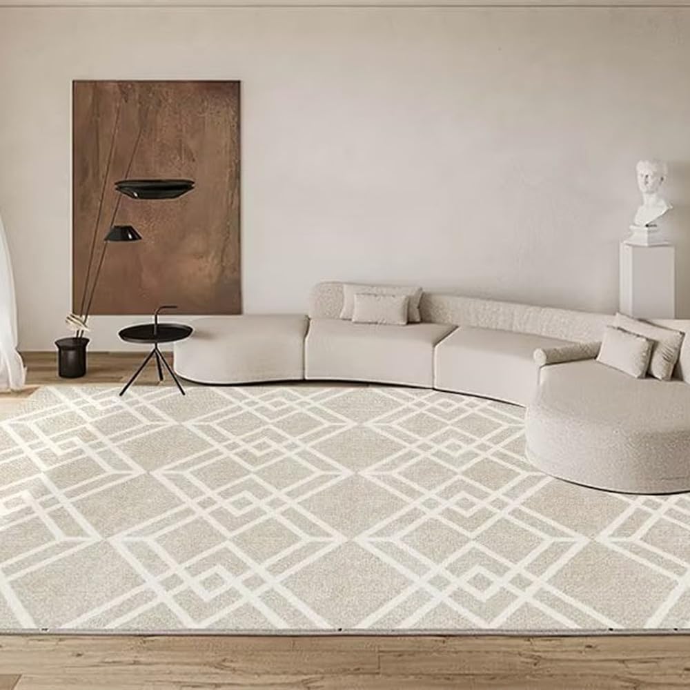 Tapis géométrique nordique grand format pour réchauffer un sol froid de chambre ou salon