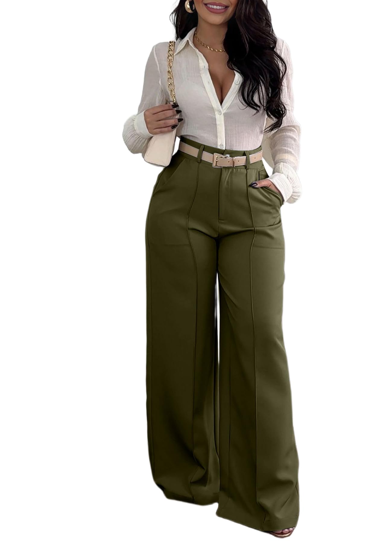 Wide Leg Trousers Women Casual High Waist Straight Solid Color Work Office Business Long Pants with Pockets