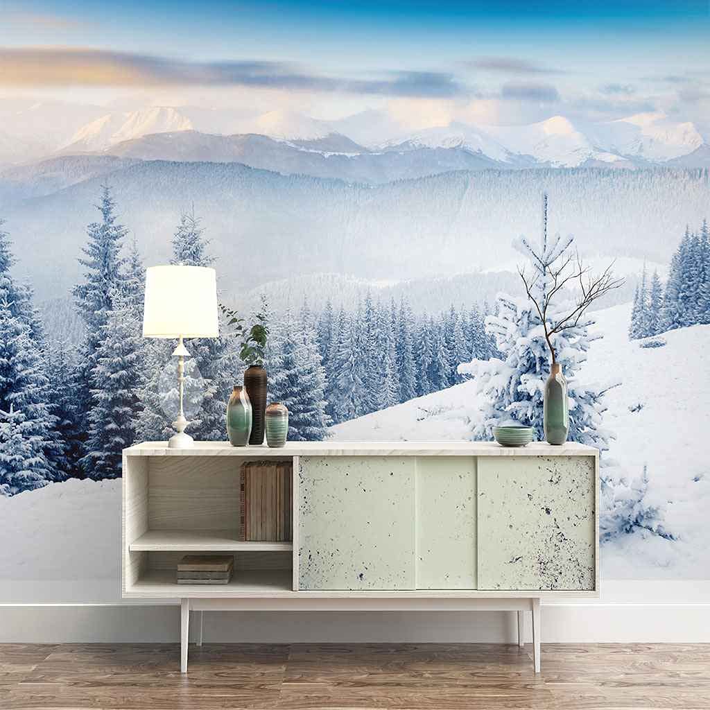Papier peint scène de neige d'hiver blanc pour créer un salon cocooning et lumineux