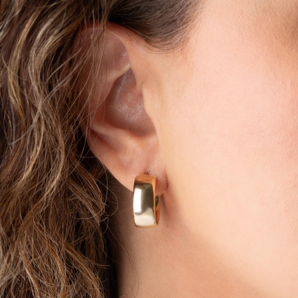 High Polish 14K Yellow Gold Bold Wide Hoop Latch Back Earrings for Women (0.80")