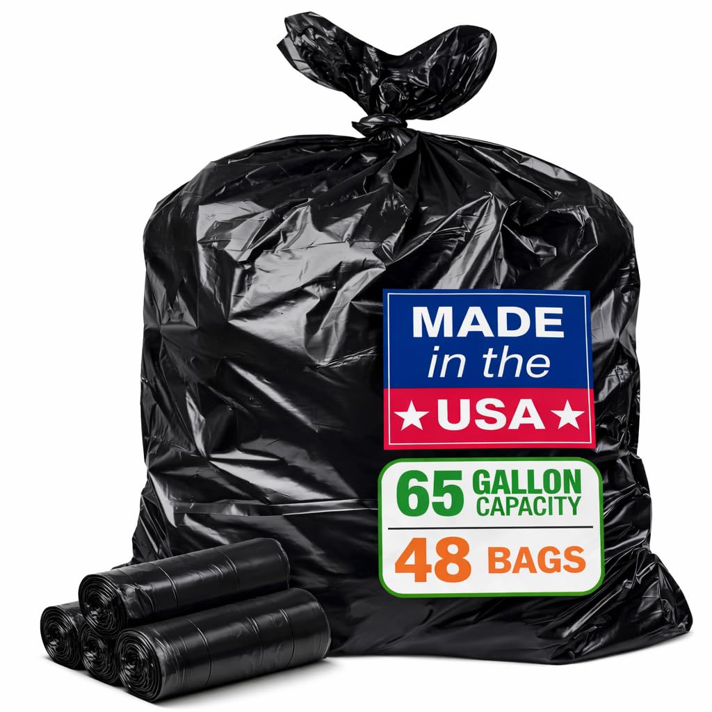 65 Gallon Black Trash Bags | 50 x 60 Inch Heavy-Duty Garbage Bags | 48 Count Large Black Trash Liners for Commercial & Household Use
