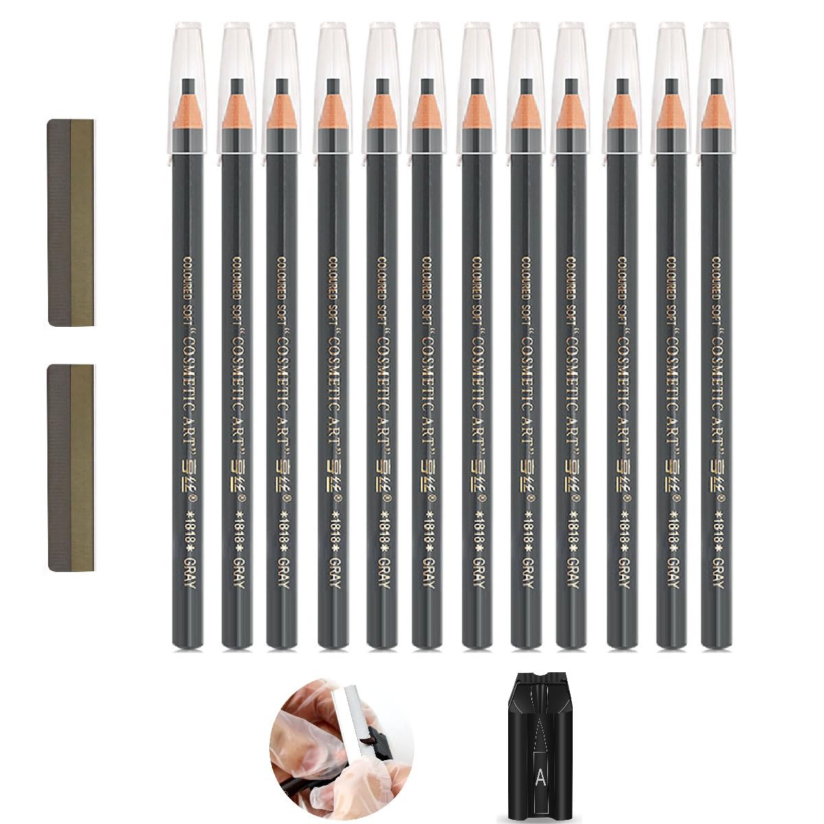 Set de Lápices de Cejas 12 piezas Lápiz Cejas Microblading 1 Sacapuntas Permanente, 10 Pegatina Cejas (Lápiz Gris)