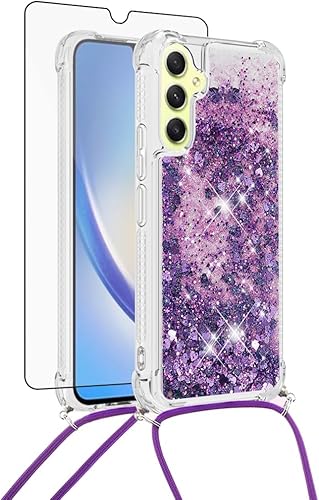 Asuwish Funda de teléfono para Samsung Galaxy A34 5G con protector de pantalla y correa cruzada, purpurina líquida brillante, transparente, delgada,