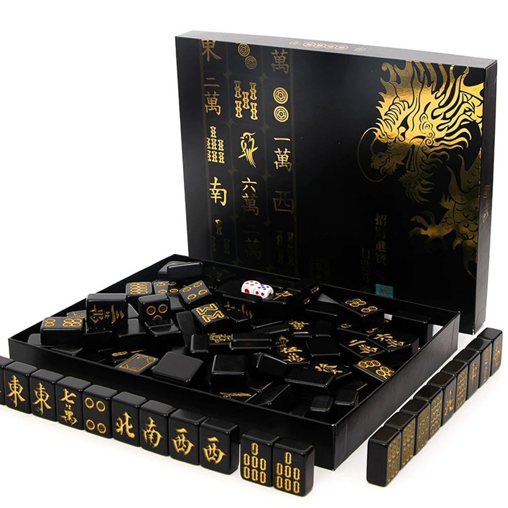 144 Piece Portable Mahjong Set Complete with 2 Dices, Gold Dragon Design Classic Tile Picnic Travel Party For Home Game