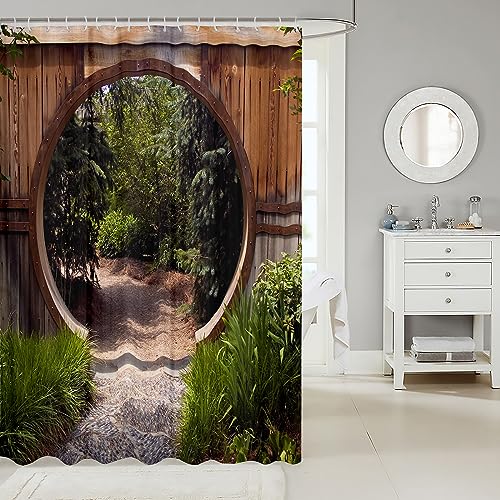 Loussiesd Japanese Style Shower Curtain 180x180cm Forest Opening Park Waterproof Shower Curtain Woodland Authentic Circle Rustic Waterproof Fabric Bathroom Doorway with Hooks - Image 2
