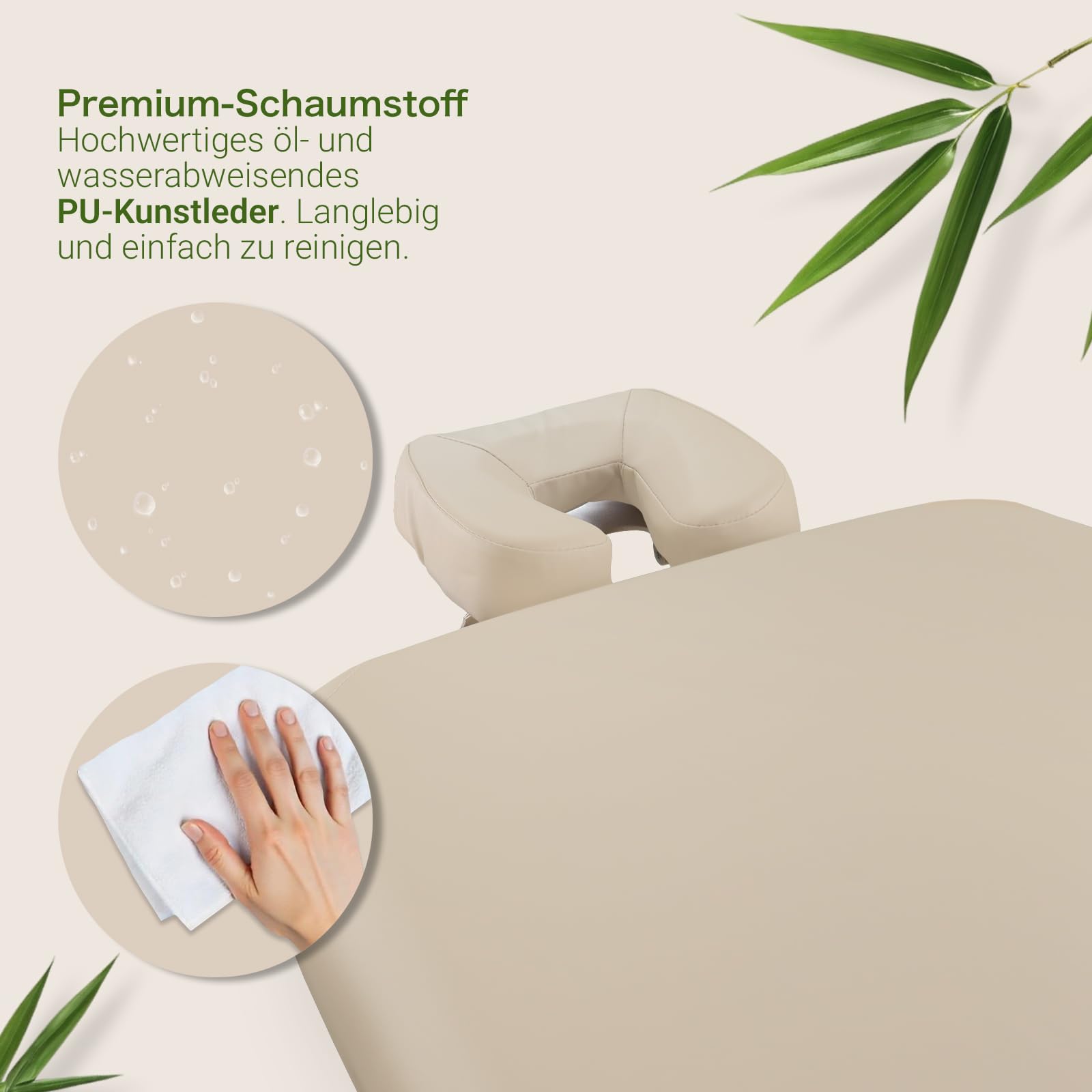 MASSUNDA – Mobile Comfort Deluxe Massageliege klappbar & höhenverstellbar – EXTRA breiter Massagetisch aus Vollholz – Massagebank mit ergonomischer Kopfstütze, Bezug, Armlehne, Kissen (Creme)