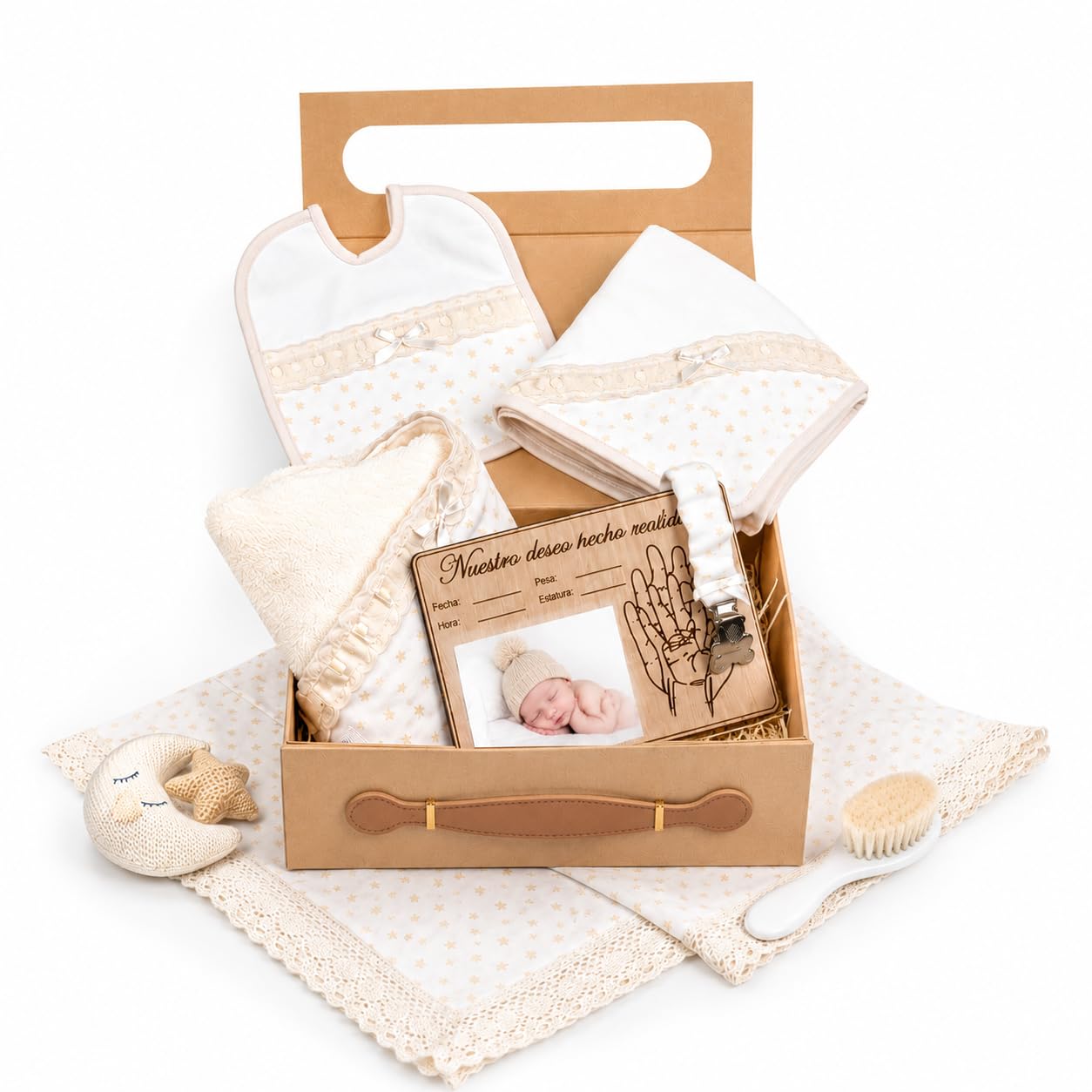 Set regalo recien nacido canastilla bebe niña niño babero muselina chupetero toalla capa baño placa madera personalizada recuerdo nacimiento algodón organico suave idea original regalo bautizo