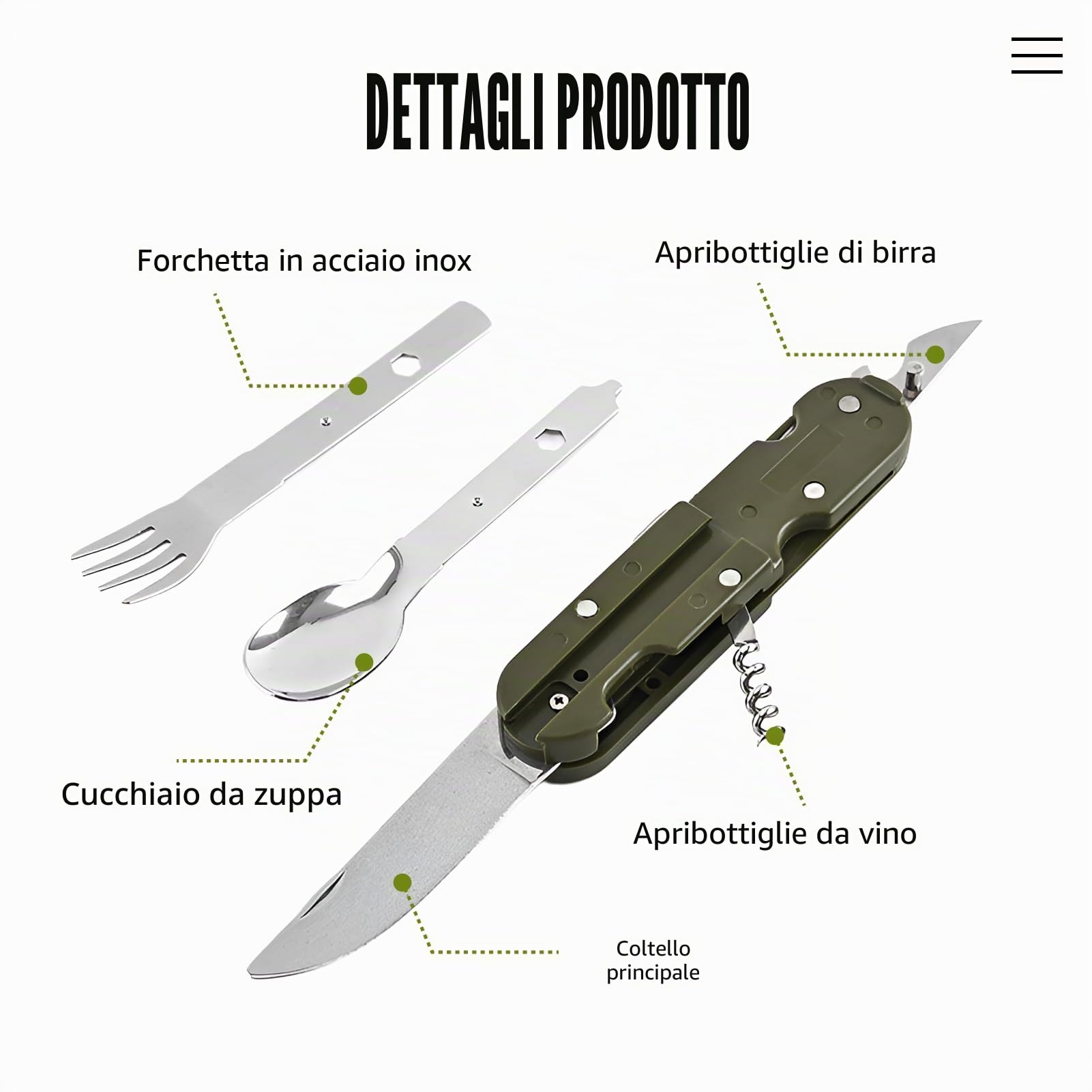 Set di posate pieghevoli 5 in 1, ideale per campeggio e pic-nic