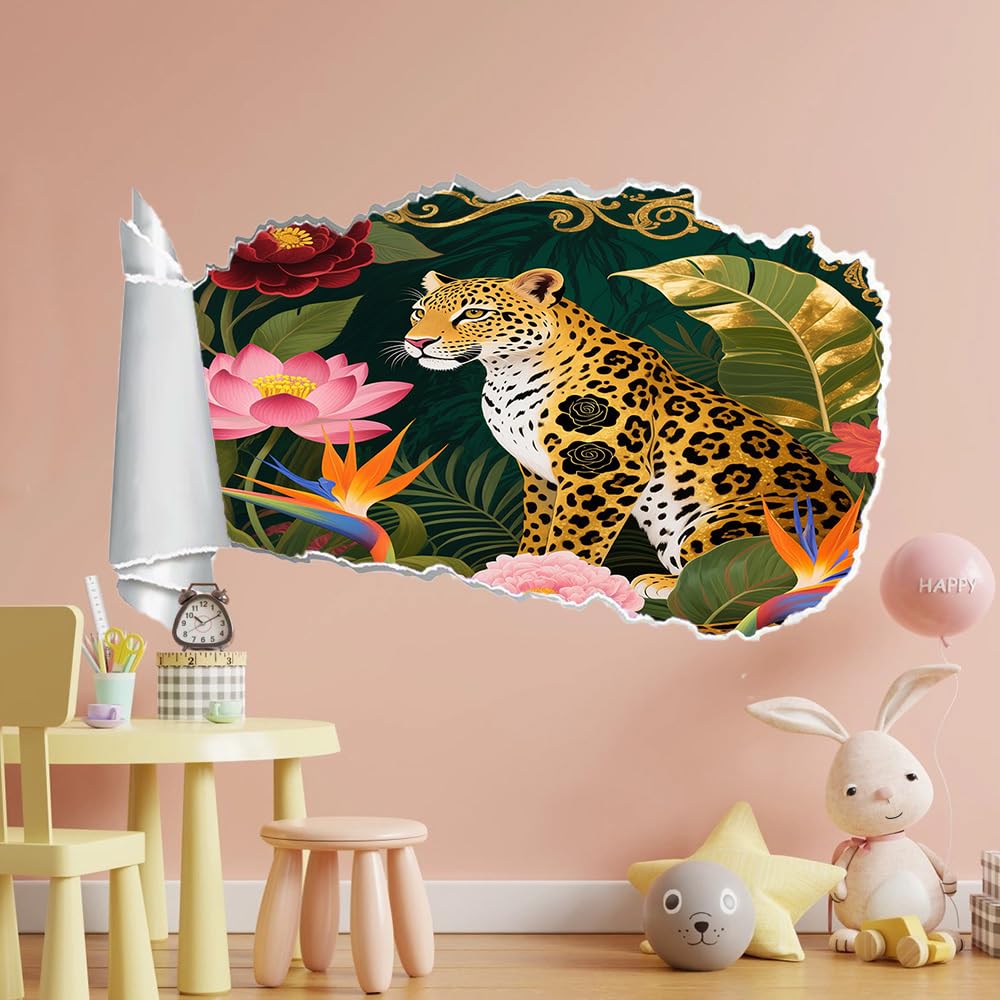 3D Wandtattoo Durchbruch Wanddeko Leoparden Wanddurchbruch sticker Wandbild Wandsticker Lotusblätter Und -Pflanzen Wohnzimmer Wanddeko Wandaufkleber für Kinderzimmer Teenager Zimmer