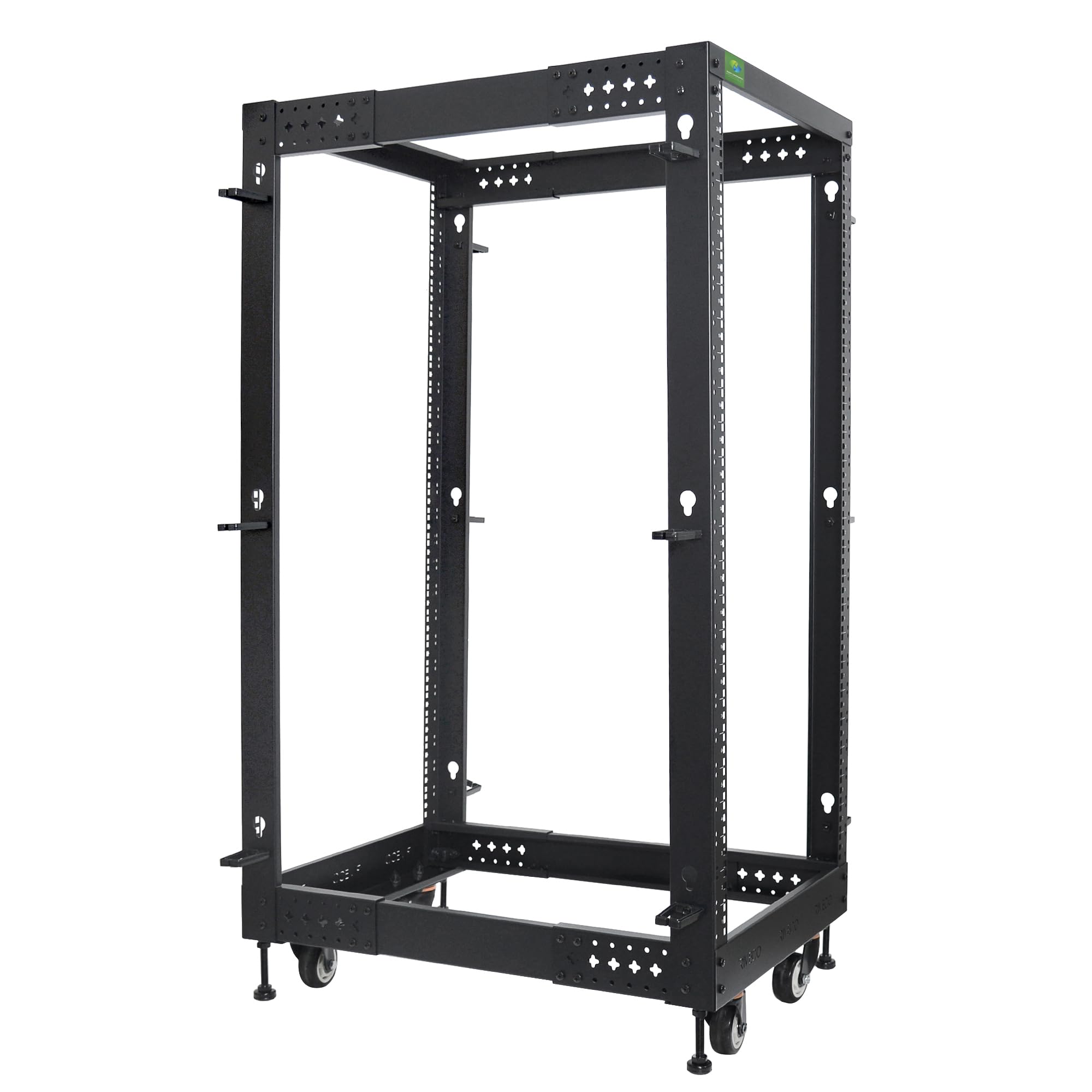 RIVECO 25U Server Rack Adjustable Depth Network 4 Post Cabinet Open Frame with Leveling Feet &amp; Wheels Fully Rivets 1400 LBS