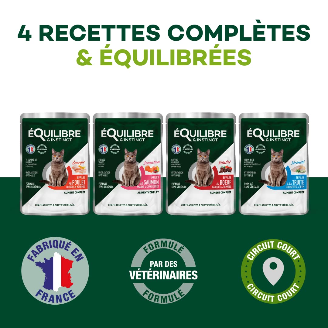 EQUILIBRE & INSTINCT - Chat Stérilisé - Sachet Nourriture Humide Multi Saveur - Énergie, Digestion, Hydratation, Défense - Recette Complète formulée avec des vétérinaires - 48x85g - Fabriqué en France