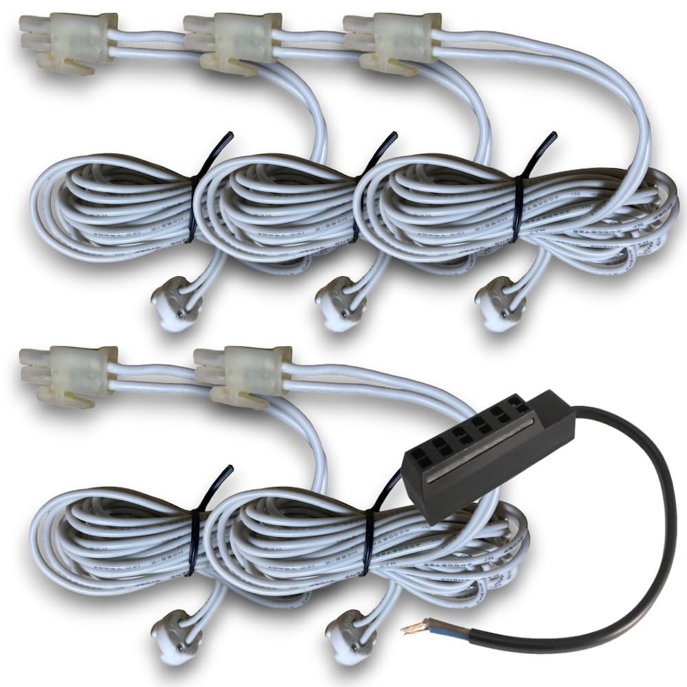Rolux LED Einbauspots 12V Set IP44 für Bad & Küche – 5er Set Aluminium gebürstet mit Chromring & Trafo – 3W 250lm 3000K Warmweiß – MR16-AMP-Kabel 120 cm – Bohrloch Ø 60–68 mm, Einbautiefe 55 mm