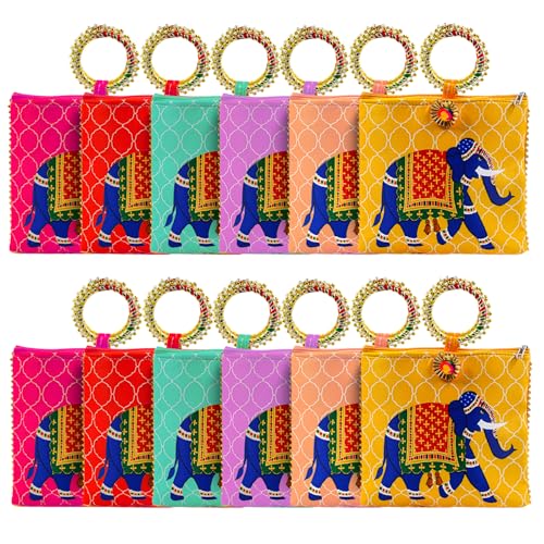 Image of Women Potli Bags | Gifting Potli with Zip & Bangle Handle | Traditional Shagun Return Gifts Potli for Mehandi, Haldi, Baby Shower, Wedding, Sangeet (Elephant Print, Pack of 12)
