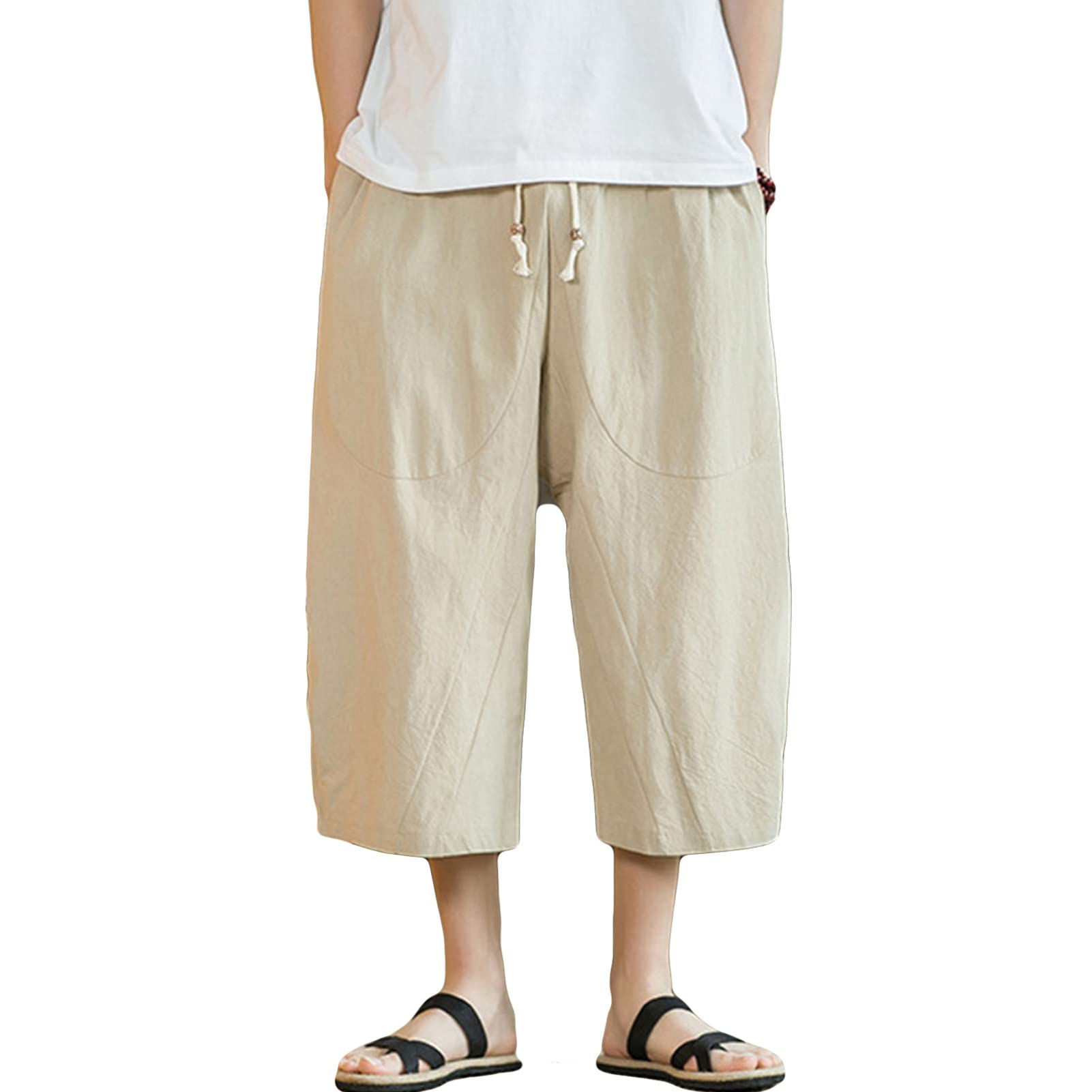 JEKE-DG Men's Drawstring Linen 3/4 Pants Casual Baggy Pants Loose Summer Beach Shorts (Dark Blue,X-Large)