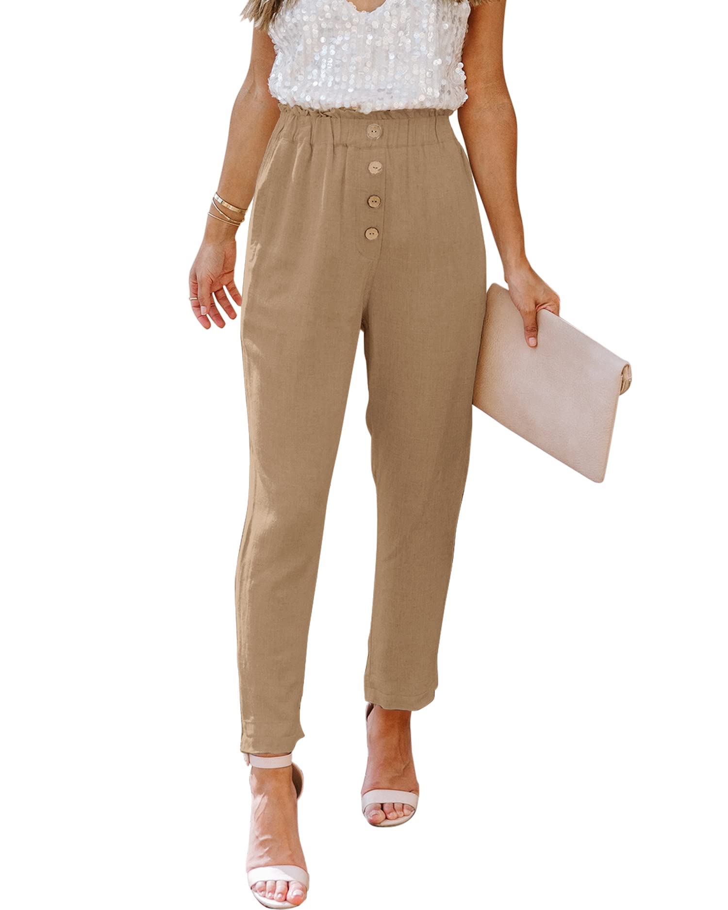 NIMIN High Waisted Pants for Women Elastic Work Pants with Pockets Casual Loose Summer Beach Pants with Button Khaki Medium