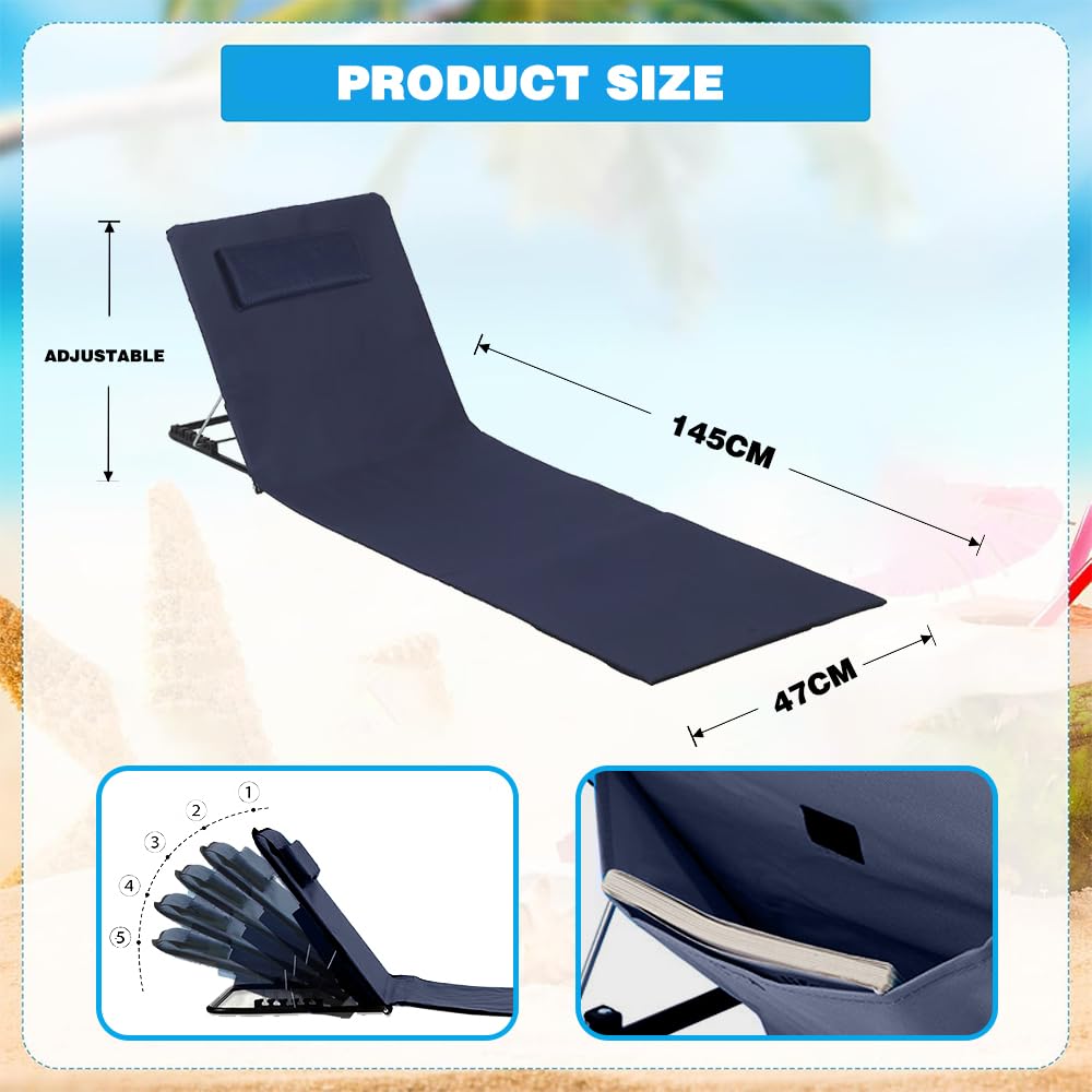 Strandmatte Mit Rückenlehne Verstellbar,Tragbare Liege Strand Mit Tragetasche,Liege Mit Rückenlehne Faltbare,Strandliege Klappbar,Sonnenmatte,Sitzliege,Sonnenliege