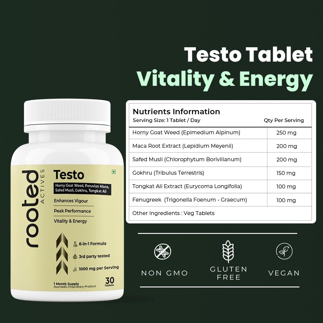 Rooted Actives Vitality Blend for Men | Horny Goat Weed, Maca, Safed Musli, Tongkat Ali, Gokhru & Epimedium | Energy, Strength & Stamina Support | 30 Herbal Tablets - Image 8 thumbnail