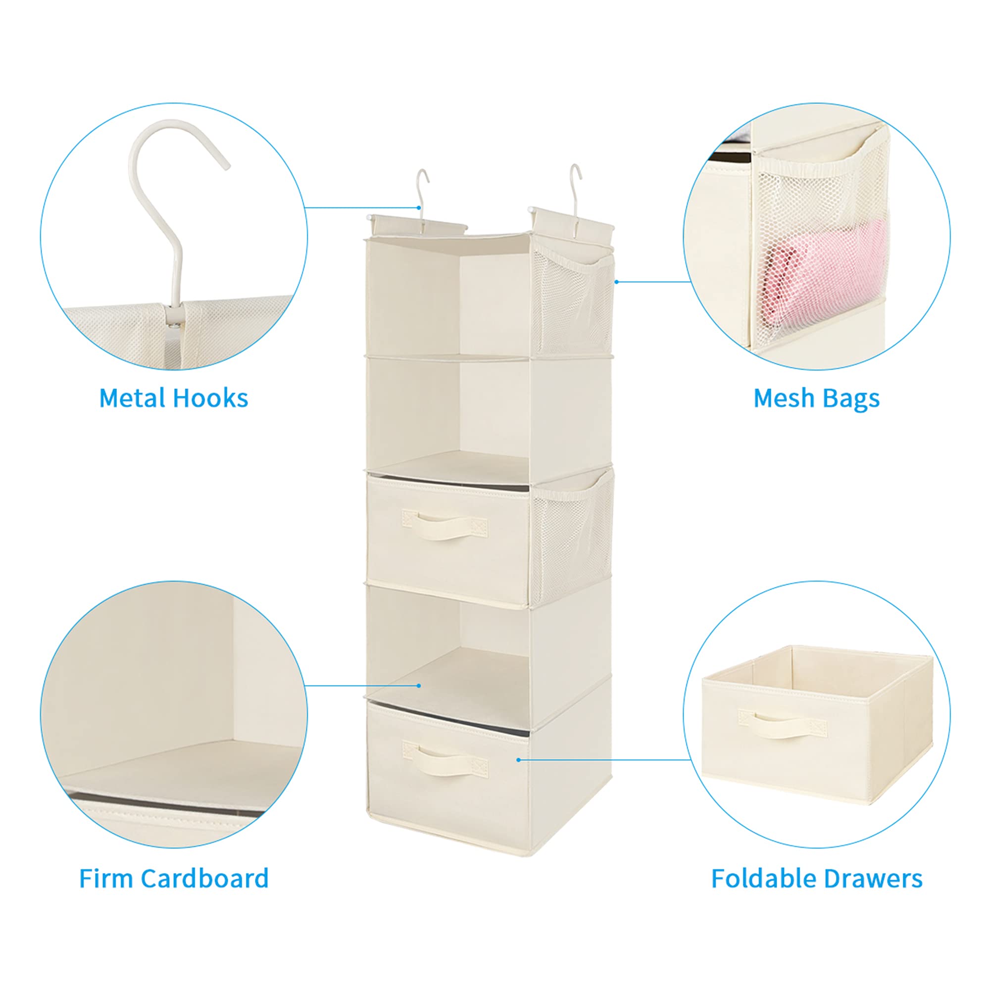 Organizador colgante de armario de 5 niveles, estante colgante de tela con 2 ganchos resistentes para almacenamiento, plegable (beige-D2) 4