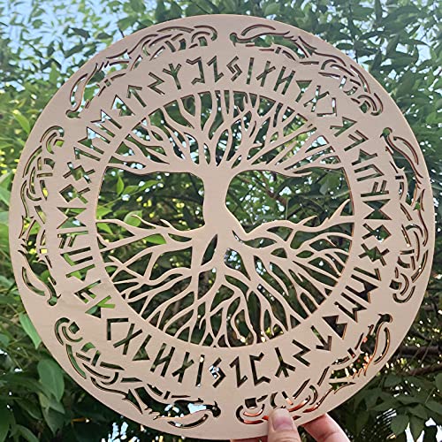 Image of Tucocoo 4 Pieces Viking Wooden Wall Decor Tree of Life Wall Art Nordic Viking Runes Amulet Wall Decor Wooden Viking Warship Home Decor Can Be Graffiti, Ready to Hang Living Room Decor-12''x12''x0.2''