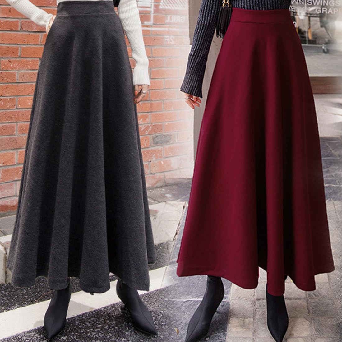 Women's Wool Blend Solid Color Pencil Skirt, Retro High-Waisted A-line Long Skirt