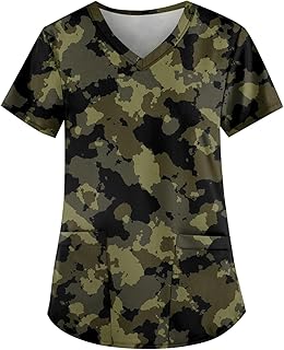 Womens Scrub Tops Camouflage Printed Nuring Scrubs Plus Size V Neck Short Sleeve Nurse Working Uniform