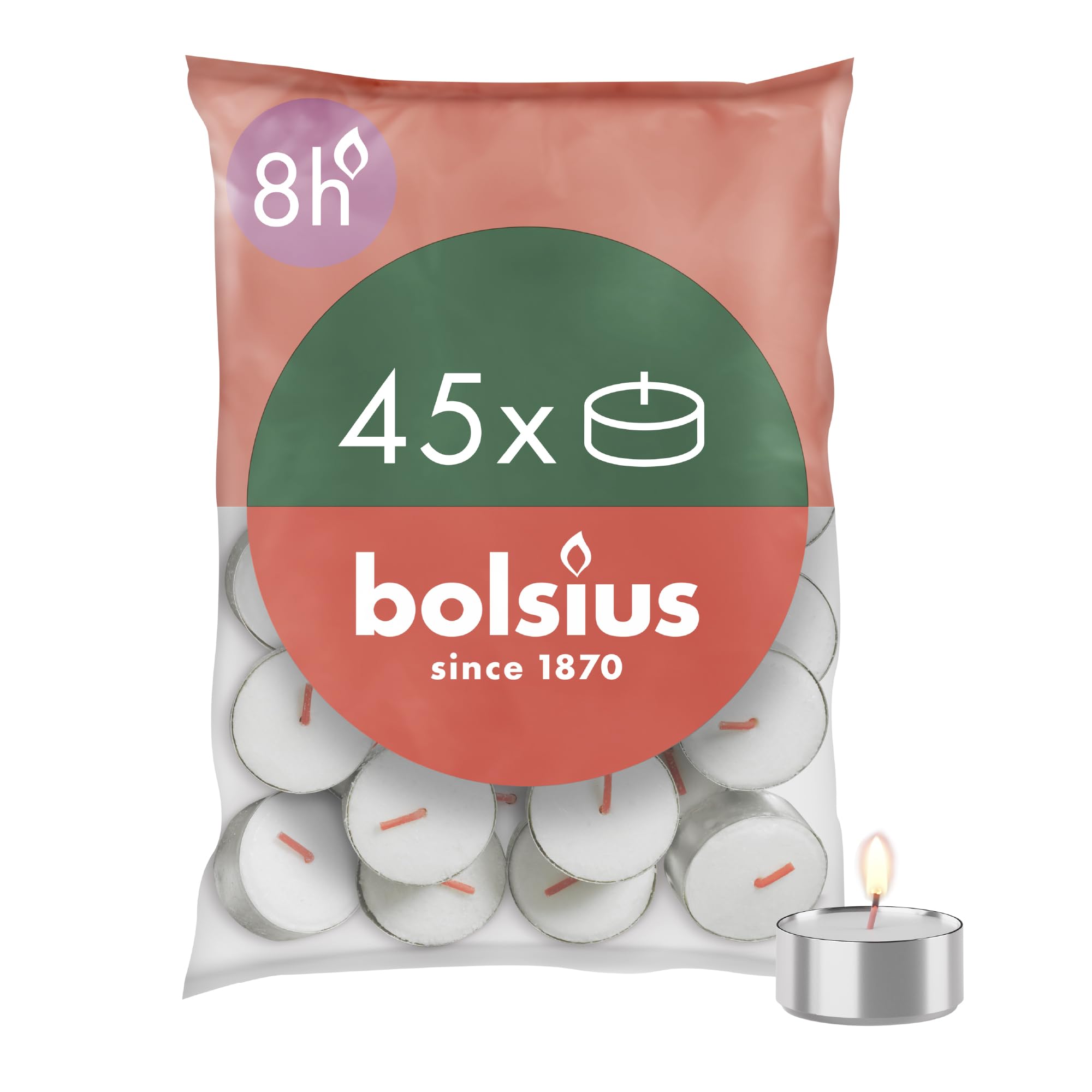 Bolsius D-Light Tea Lights - Pack of 45 - in Bag - Length Burning Time 8 Hours - Decorative Household Candles - White - Contains Natural Plant Wax - Without Palm Oil