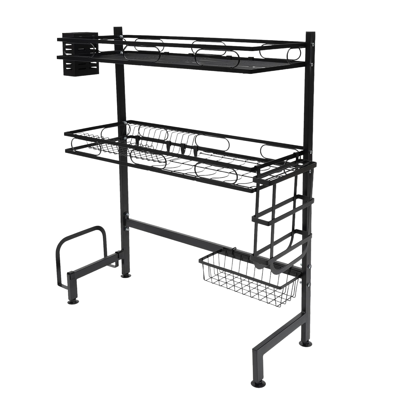 Geschirr Abtropfgestell Über Spüle Rostfreie Geschirr Abtropfgitter Abtropfschale Küchen Organizer mit Utensilienhalter Schneidebretthalter Messerblock Schwarz (62 cm)