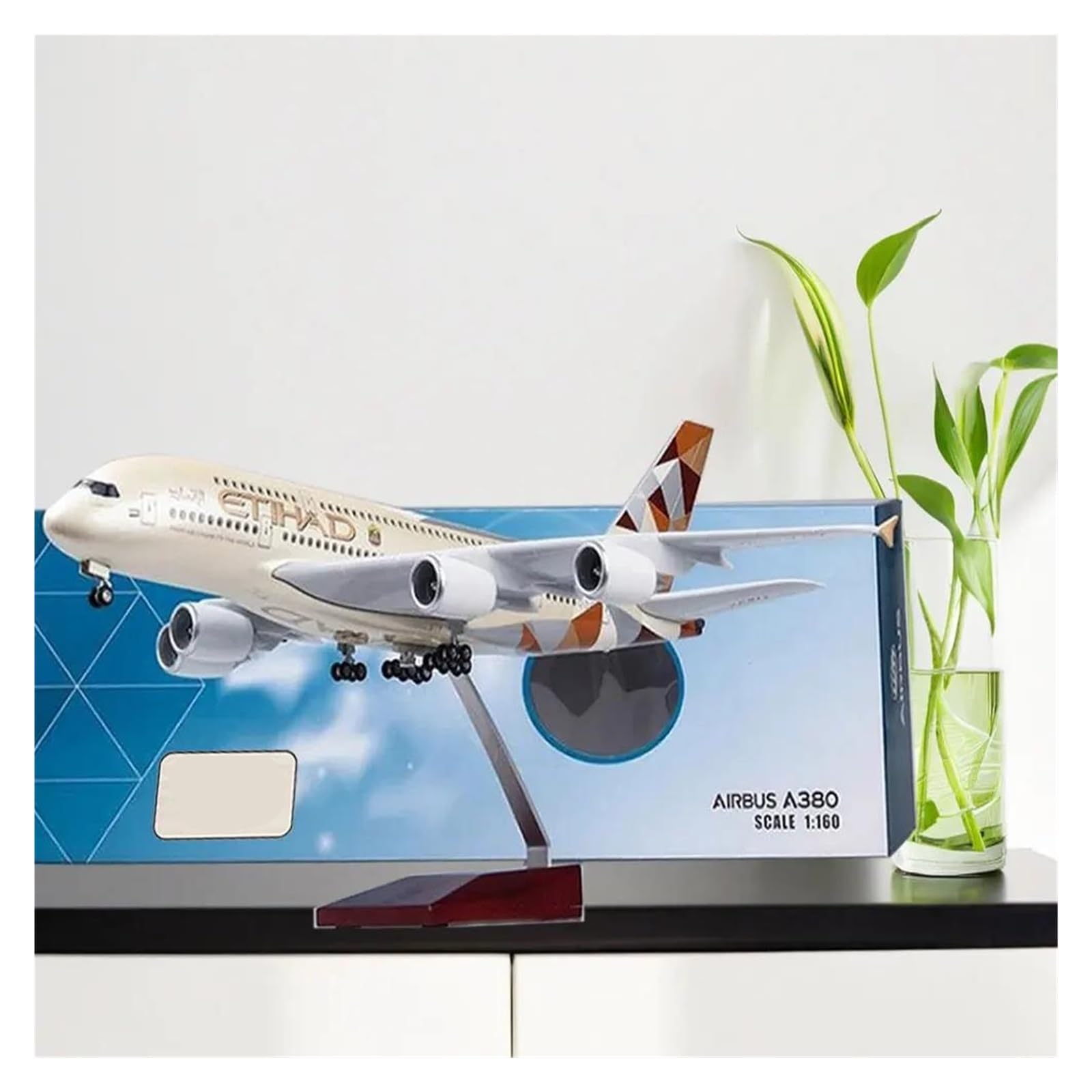 Juguete Resina 47 Cm para Airbus A380 Etihad Modelo Avión con Luces LED para Exhibición Escritorio Coleccionable(No Lamp)