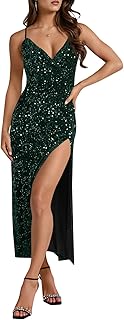 Womens Sparkly Sequin Dress Spaghetti Strap V Neck Sexy High Slit Formal...