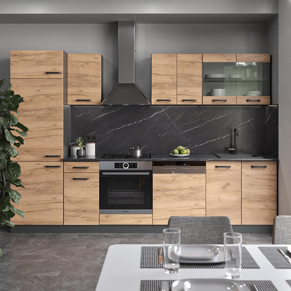 Vicco Cucina componibile R-Line, Rovere dorato/antracite, 300 cm | senza piano di lavoro, adatto per l'espansione personalizzata tramite moduli aggiuntivi