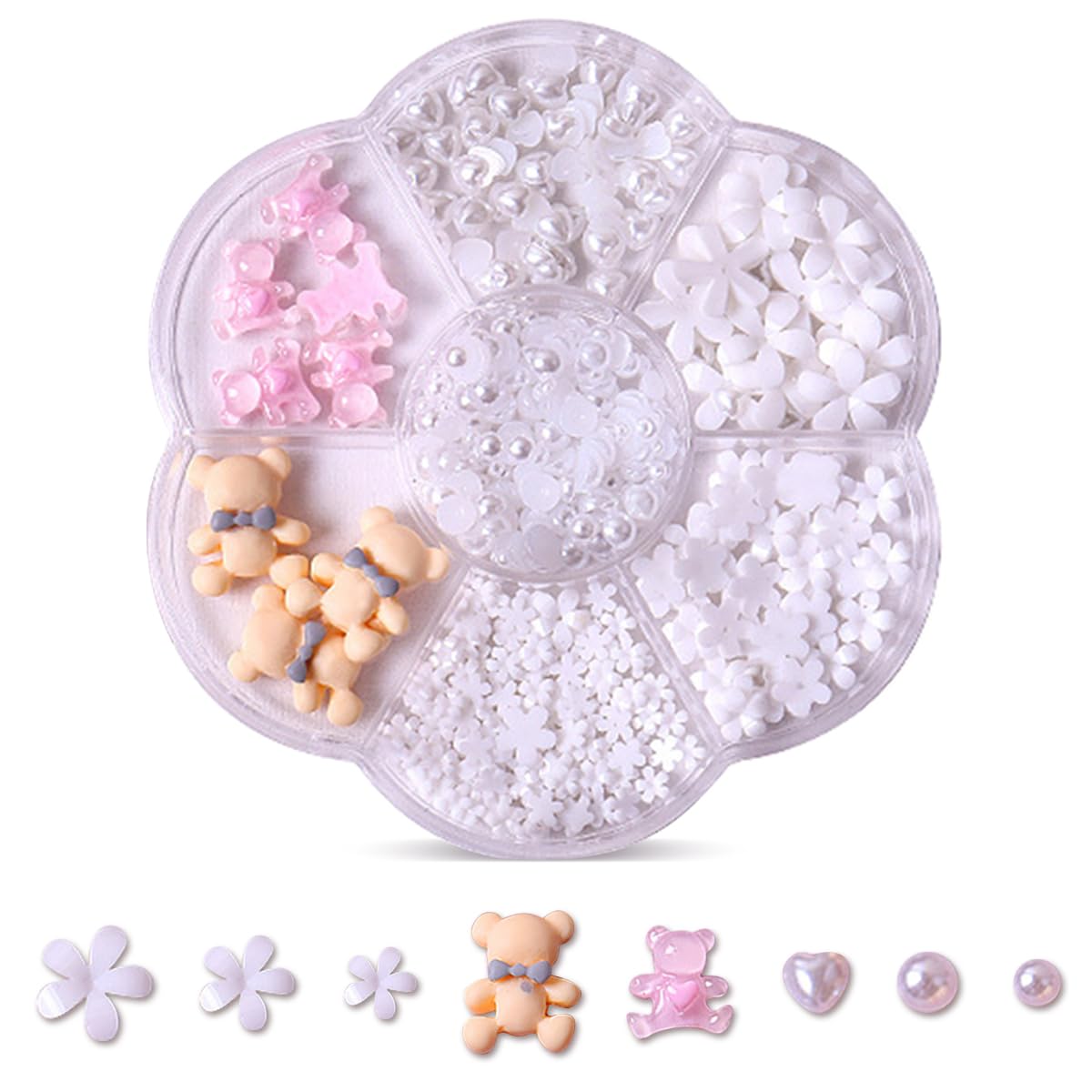 SHANRUN Colorful Bear Flowers Nail Charms - Cute Kawaii 3D Resin Acrylic Nail Gems Pearl Bear Nail Charms Set for Press on Nails Art Design DIY Loving Heart Nail Art Rhinestones Decoration Supplies