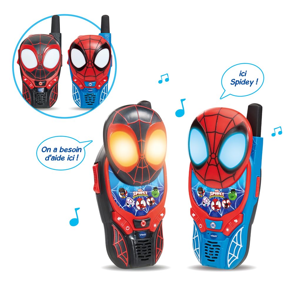 VTech - Interaktive Walkie-Talkies Spidey und seine Freunde – 2 Walkie-Talkie Spidey/Spin – sichere Kommunikation, Spiele und Lichteffekte – Geschenk für Kinder von 3 Jahren bis 7 Jahren – Inhalt auf