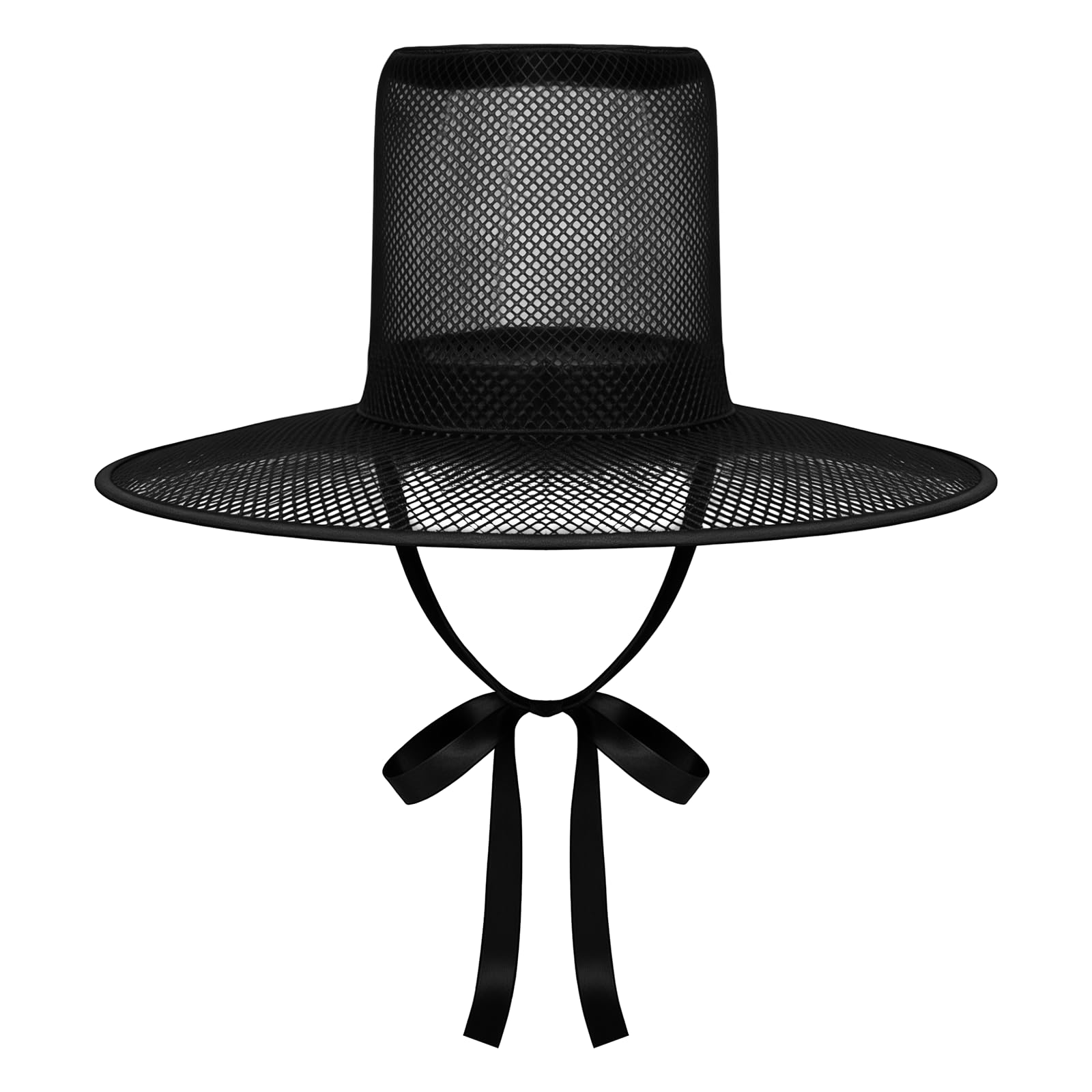 NAUZE Korean Traditional Tall Hat with Mesh Veil Lightweight Flat Top Fancy Headwear with Beaded Chain for Halloween Party Costume & Stage Dress Up