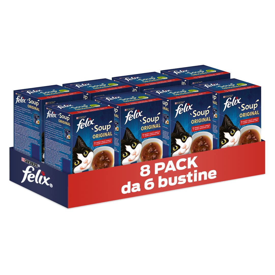 Purina Felix Soup Original Cibo Umido per Gatti con Manzo, Pollo e Agnello, 8 Confezioni con 48 Buste da 48g