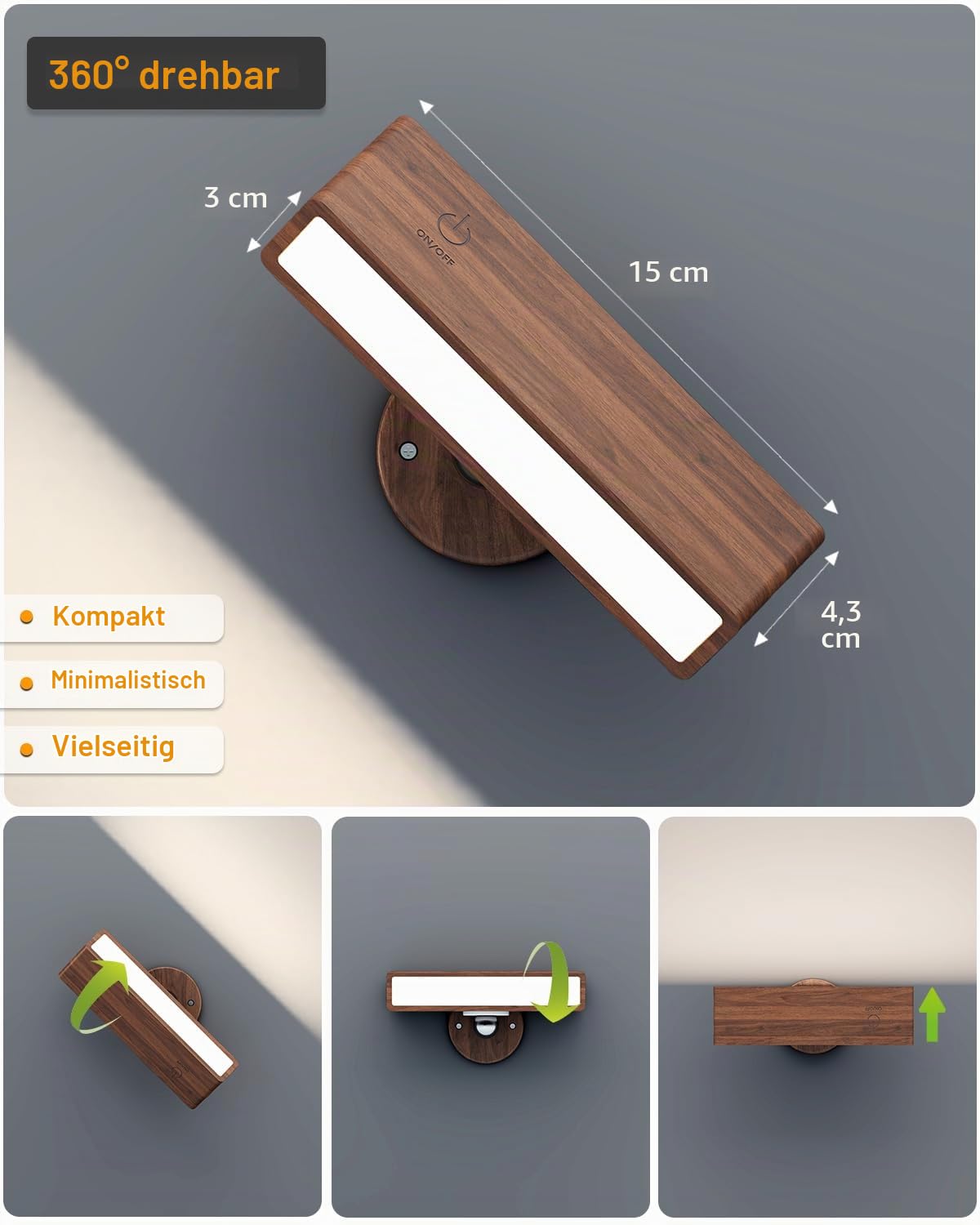 DetarZinLED Wandleuchte ohne Stromanschluss,2 Stück Wandlampe Akku Innen,LED Wandleuchte Kabellos,Dimmbar Touch Control Bettlampe,360° Drehbare Batterie Leselampe Holz für Schlafzimmer Wohnzimmer