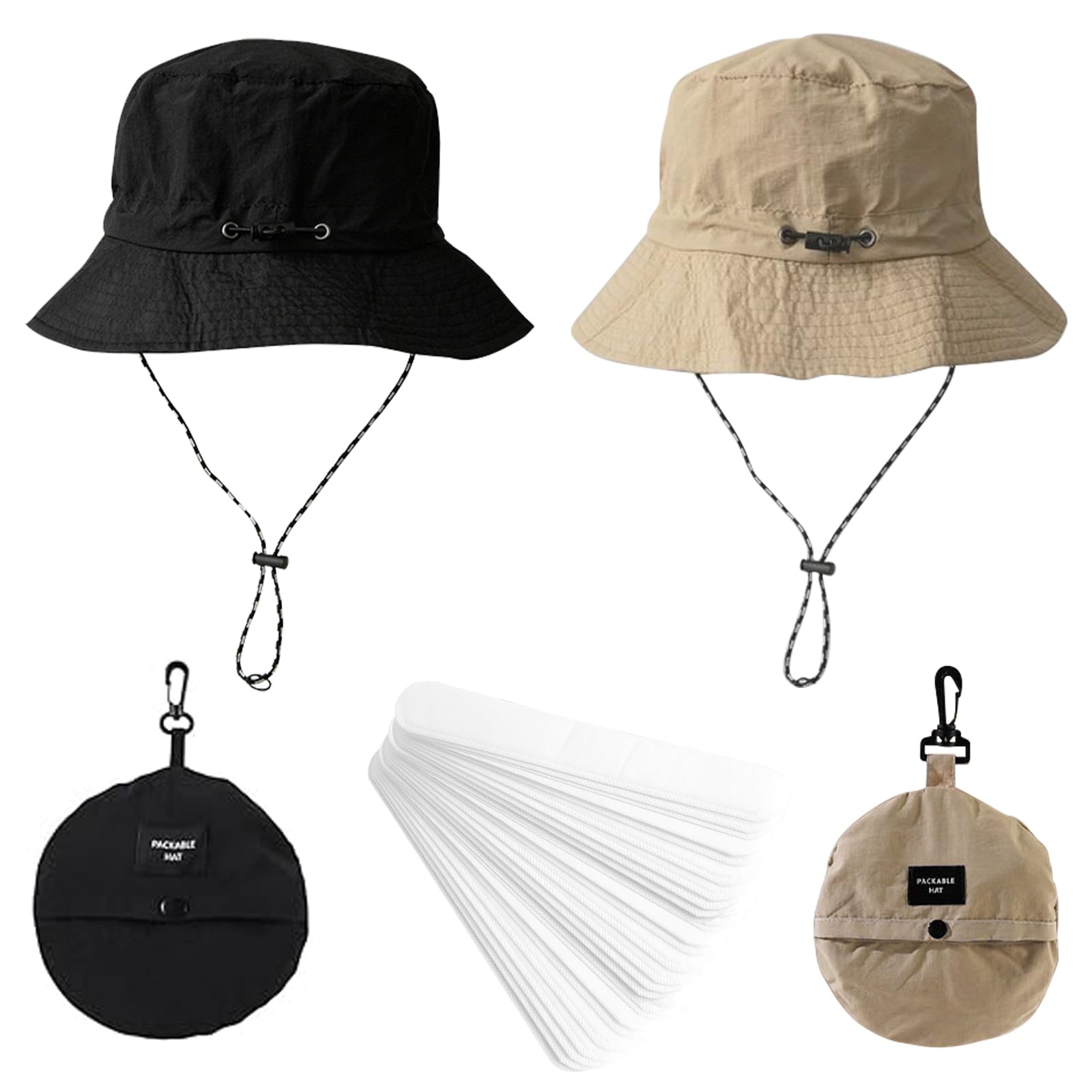 VEGCOO 2 Pack Fishing Hat, Foldable UV Protection Waterproof Hat for Men Women With 20 Sweat Band Liner for Hiking, Outdoor Activities (UK, Alpha, One Size, Black/Khaki)
