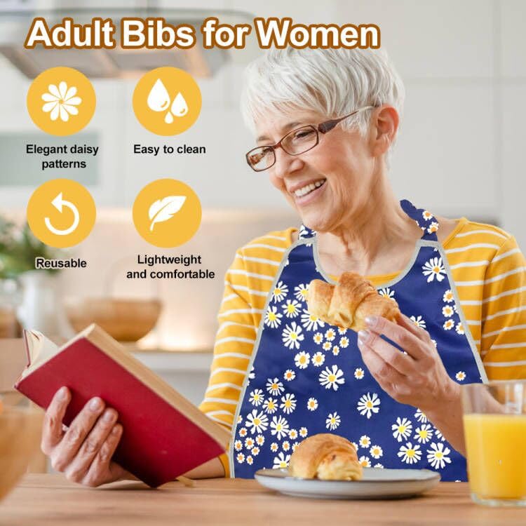 SwirlColor Adult Bibs for Elderly Washable Clothing Protectors Waterproof and Reusable Adult Bib for Eating Adult Bibs for Women Elderly Patient with Food Catcher (Daisy flower) - Image 2