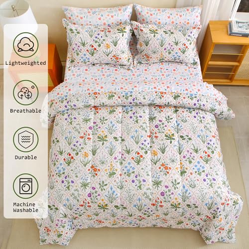 Image of lasoftan Floral Queen Comforter Set with Sheets, 7 piece Luxury Vintage Bedding, Soft Microfiber Bed in a Bag, Cozy Lightweight Bed Set, Green Patchwork Flower Leaf