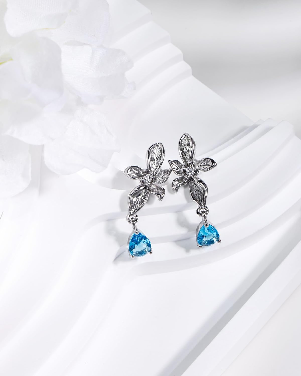 Silver Flower Earrings with Blue Teardrop - Aquamarine Birthstone Dangle Earrings for Women, Floral and Teardrop Design Jewelry for Gift - Image 6