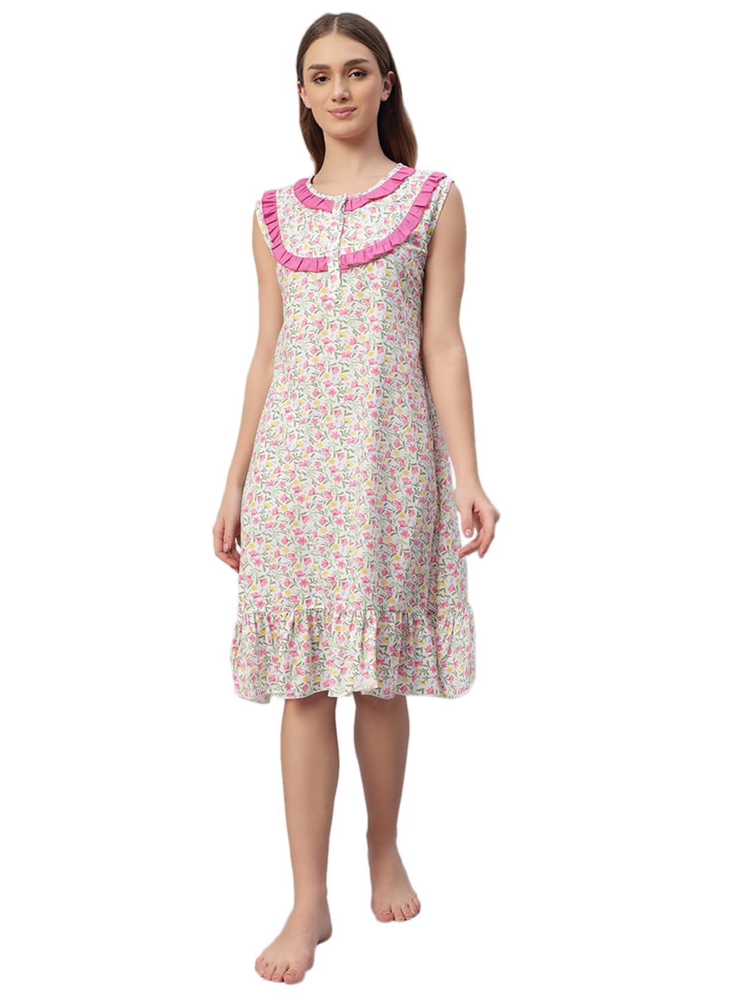 sephani Women's 100% Cotton Printed Maxi Nightgown Long Nighty Sleepwear for Ladies Super Soft Sleeveless Knee Length Nighty-picture-14