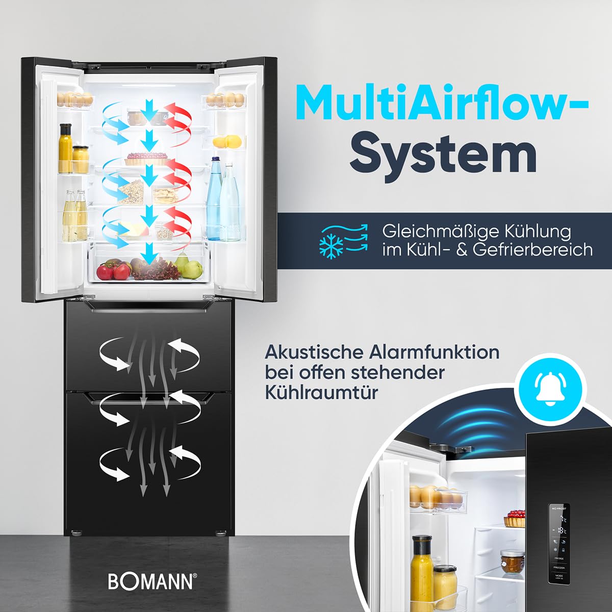 Bomann Réfrigérateur et Congélateur 320L KG7361-Noir, Système MultiAirflow, Totalement Sans Givre, Éclairage LED, 4 Étagères en Verre, Mode Économie d'Énergie, 39 dB