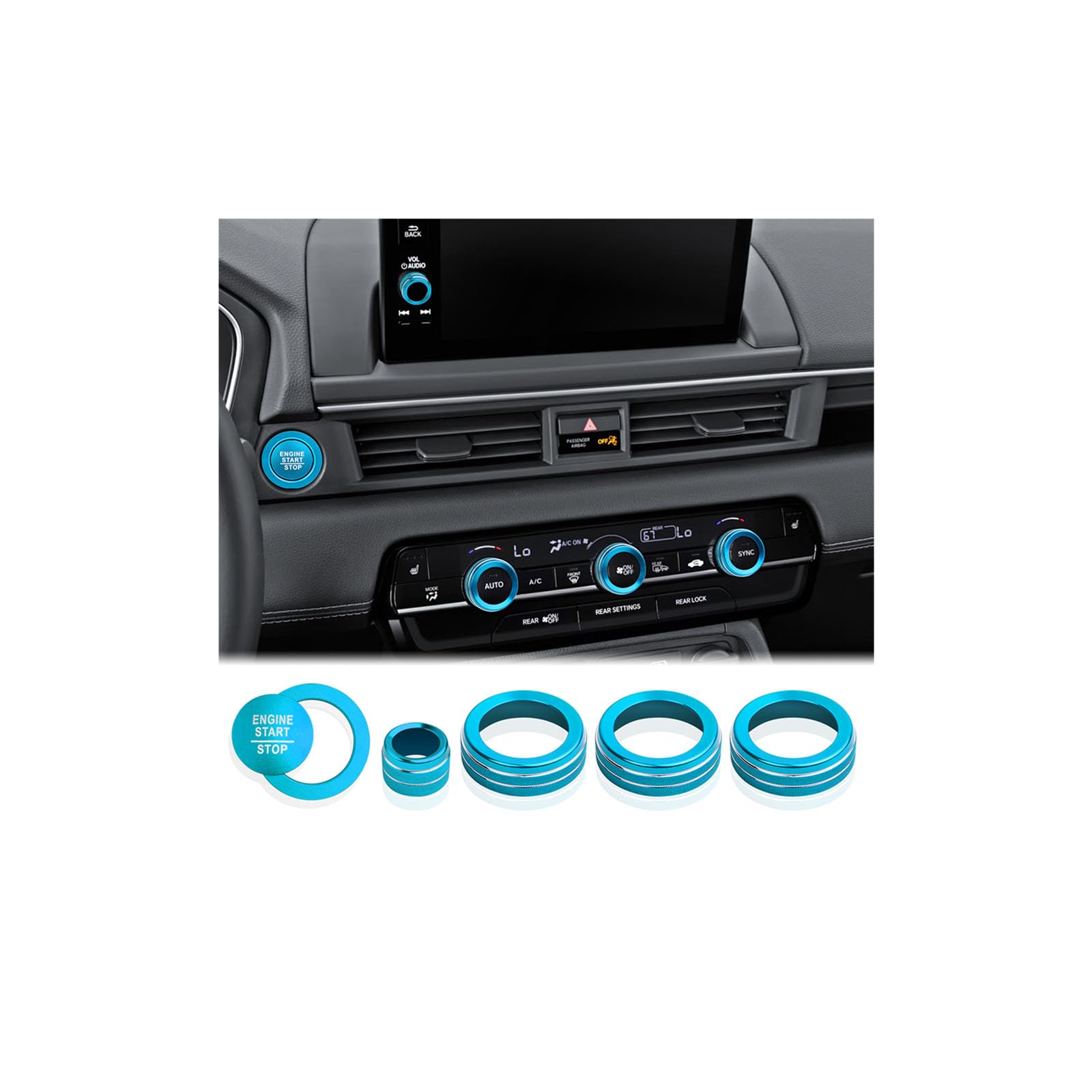 for Honda Pilot Accessories 2023-2025, 6pcs Aluminum Alloy Trim Knob Covers Kit - Push Start, Air Conditioning &amp; Volume Tune (Sky-Blue)