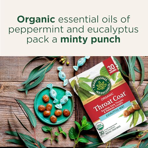 Image of Traditional Medicinals Throat Coat Organic Cough Drops, Eucalyptus Mint with Menthol, Soothes Sore Throats & Relieves Coughs, 30 Count